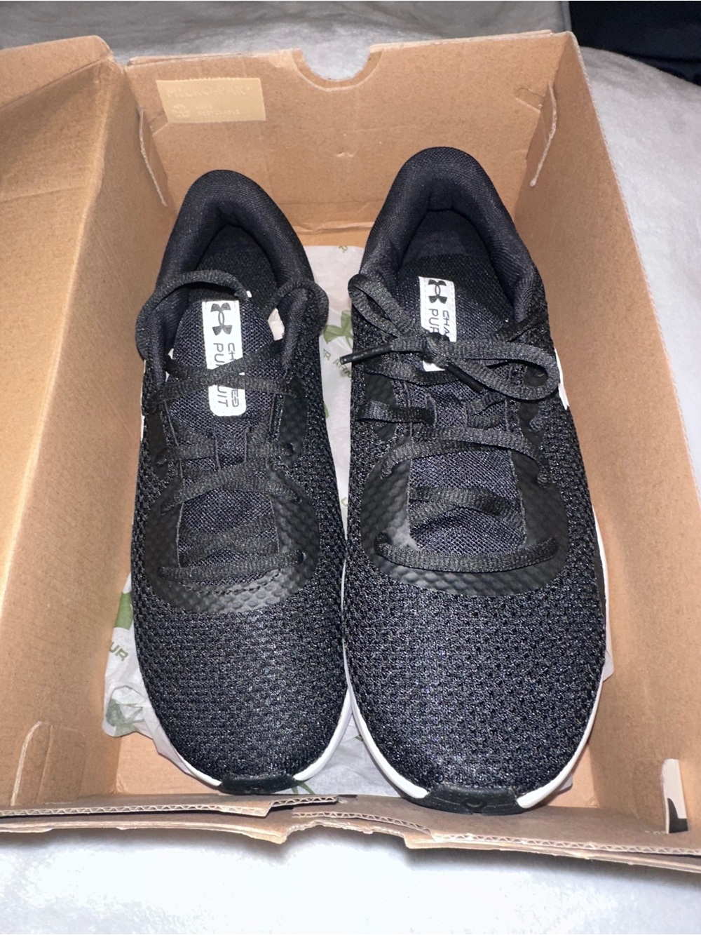 Under Armour Charged Pursuit 3 Black Athletic Sneakers with White Outsole Edge